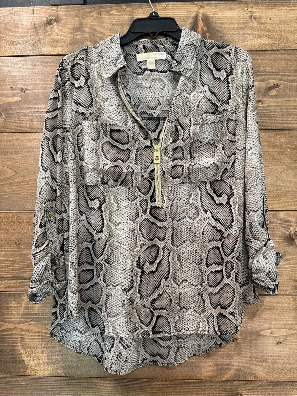 Michael Kors Taupe and Black Snake-Print Blouse